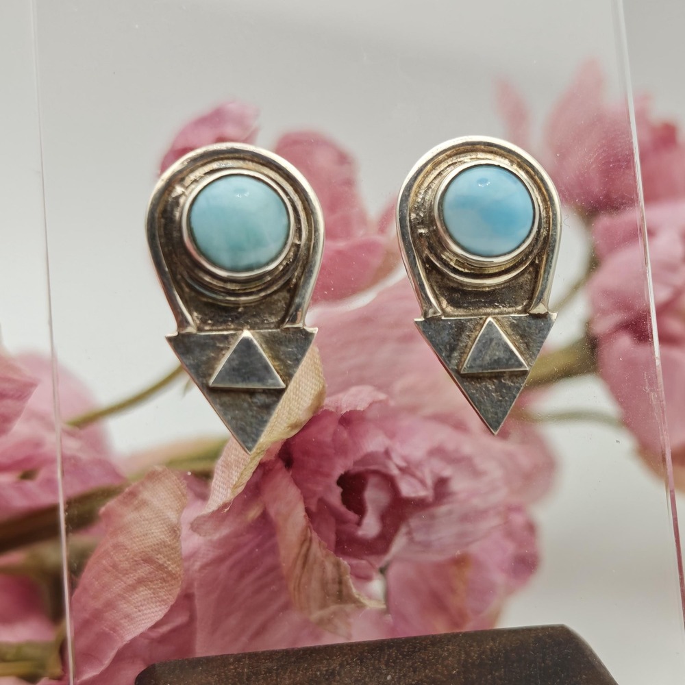 Handmade Larimar Sterling Silver Post Earrings Women OS Blue Geometric Artisan